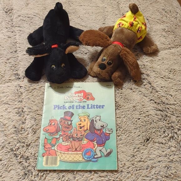 Pound Puppies Lot of 2, Brown long ear, Black Short Ear Hasbro with book - Picture 1 of 8